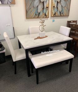 Beautiful! 5-pc dining table set white faux marble table top