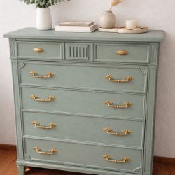🌿 Vintage Eucalyptus Green Statement Dresser with Antique Gold Hardware