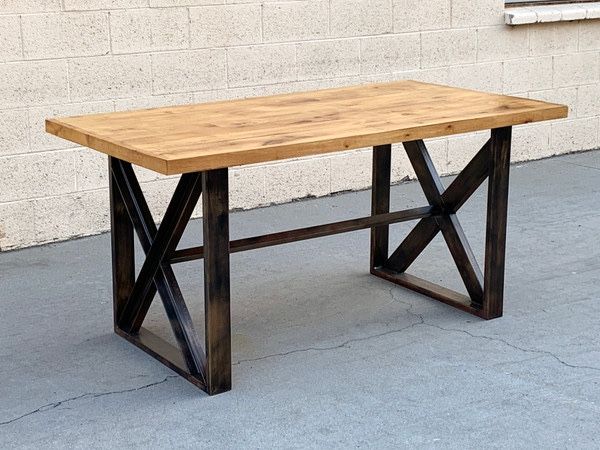 CUSTOM DINING TABLE WITH BURNT GOLDEN PATINA AND PLANK WOOD