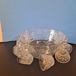 Vintage Clear Glass Punch Bowl Set With 8 Cups And Hooks-$45.00
