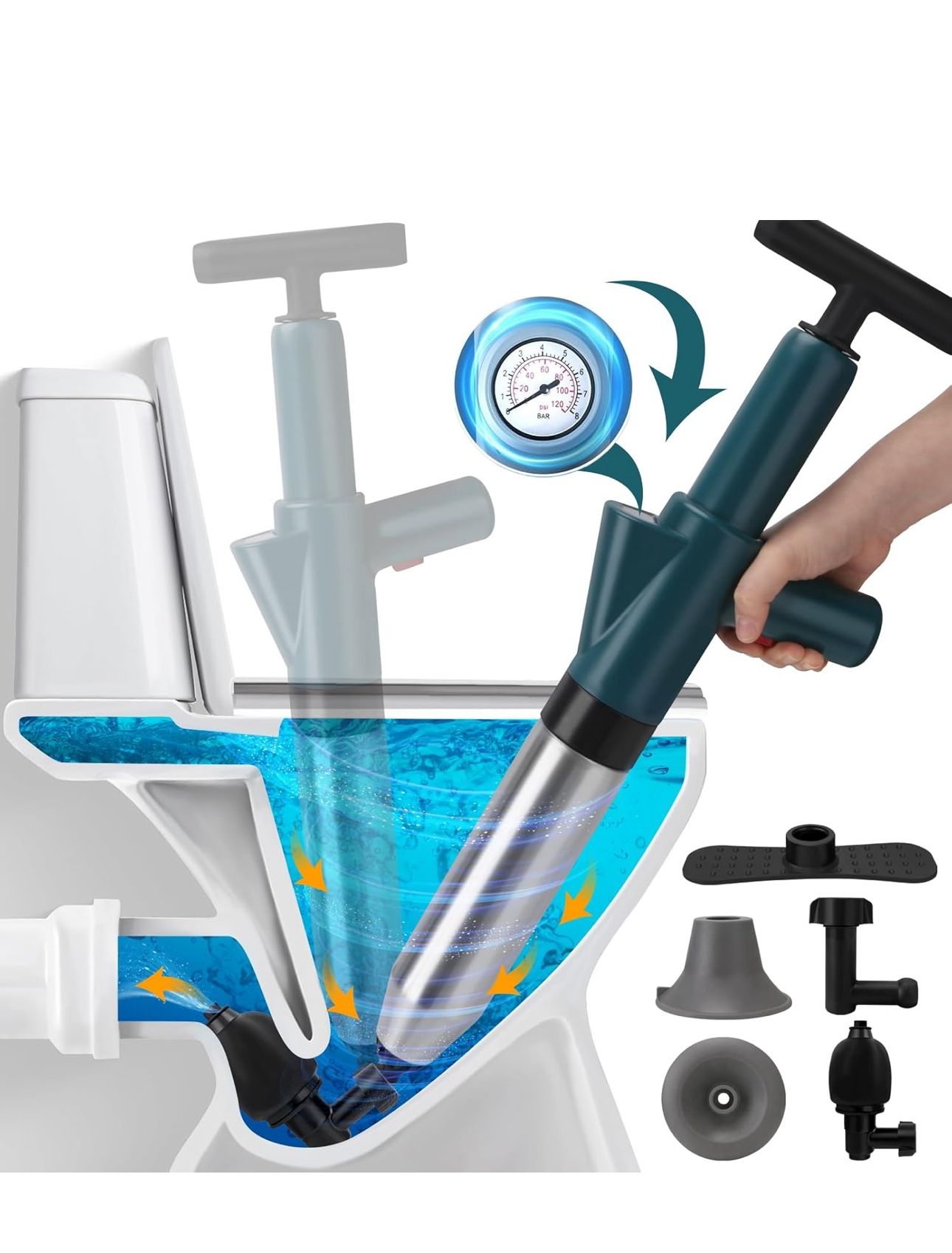 Toilet Plunger Air Drain Blaster, High Pressure Drain Plumb Plunger Gun,High Pressure Air Drain Blaster Gun with Real-Time Barometer,Stainless Steel A