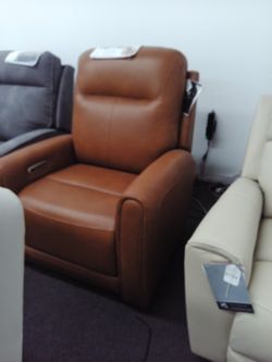 Genuine Leather Interior Power Recliner Chair,  Adj. Head Rest in Caramel Color 