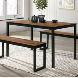 Brand New Walnut & Black 3pc Industrial Style Dining Table Set 