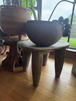 Authentic African Contemporary Wooden Elm Stool, Bowl And Beads