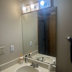 Bathroom Vanity, Sink, Faucet, Mirror, And Light Bar