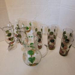 Shabby Chic Topiary Garden Summer Glassware Set Hand-painted Home Decor Decoration