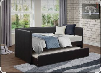 Black twin day bed with pull-out trundle + 2 mattresses