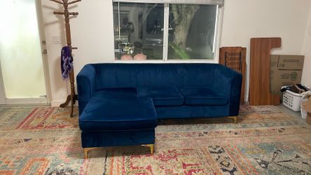 Blue velvet couch.