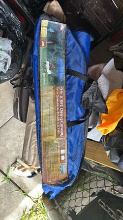 CAMPING OUTDOORS OZARK TRAIL 9’ X 9’ DINING CANOPY NEVER BEEN USED. IT’S BEEN SITTING IN STORAGE. THE BAG LOOKS A LITTLE UGLY, BUT BRAND NEW.