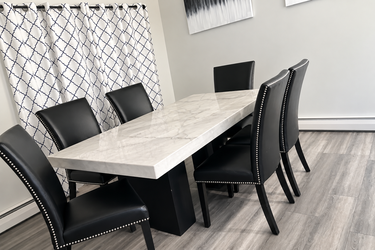 Marble Top Dining Table with 6 Black Chairs