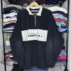 Vintage Y2K Style Perry Ellis Fleece Quarter Zip Pull Over Sweater Size L Men with logo