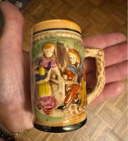 Miniature Ceramic Beer Stein – Hand Painted Raised German Scene – 3”