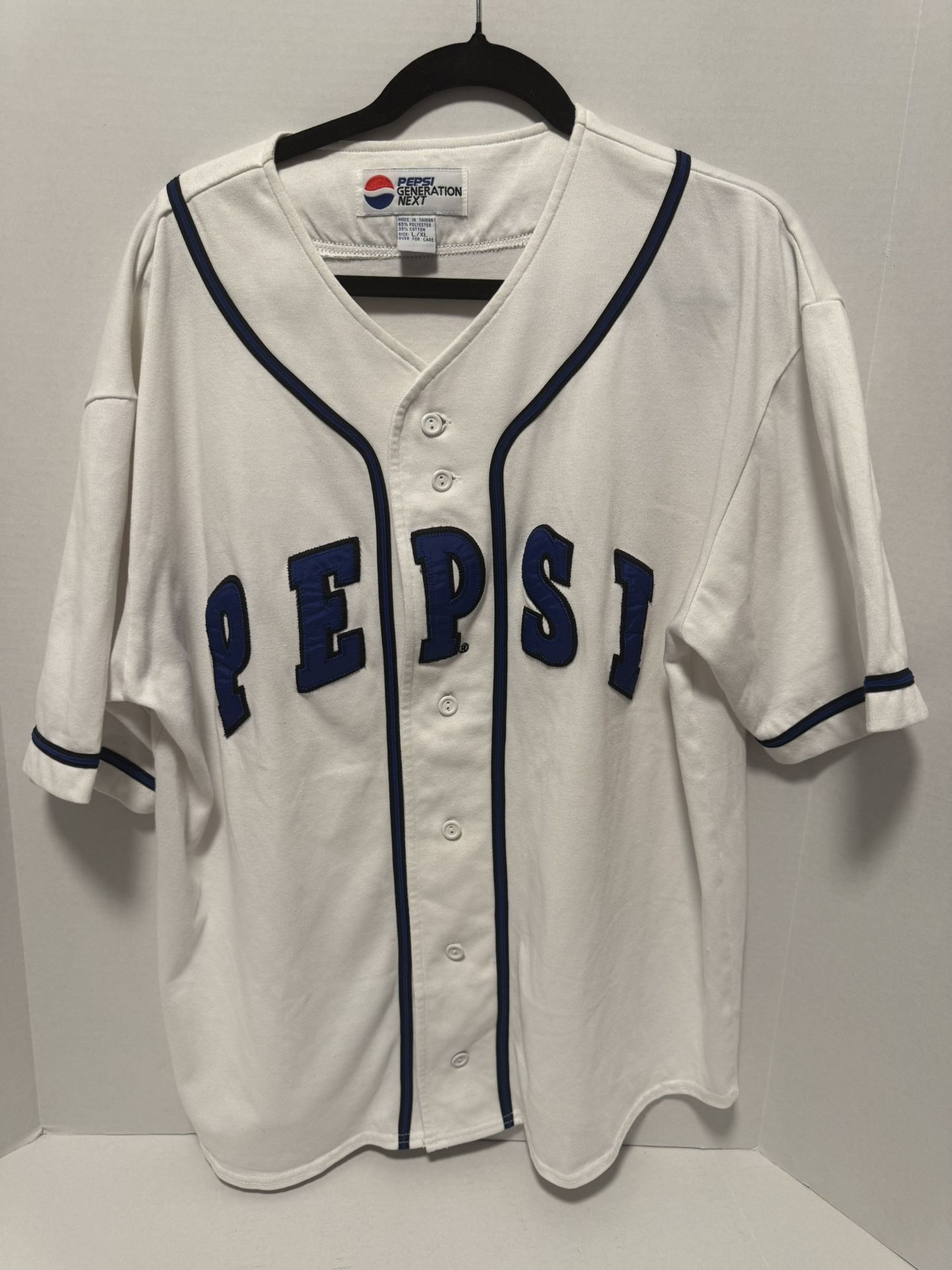 VTG 90s Pepsi Generation Next Logo Baseball Jersey White Blue Embroidered L/XL