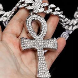 3-Pcs Fully Iced Rhodium Plated Cubic Zirconia Cross Pendant With 24 Inches Cuban Chain Necklace & Bracelet Set 