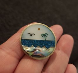 RARE Vintage Abalone & Turquoise Inlay Ocean Scene Silver Pendant/Pin From Mexico (SE San Diego)