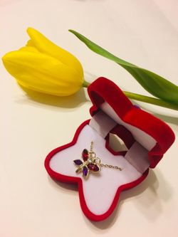 Gem stone gold purple red butterfly necklace
