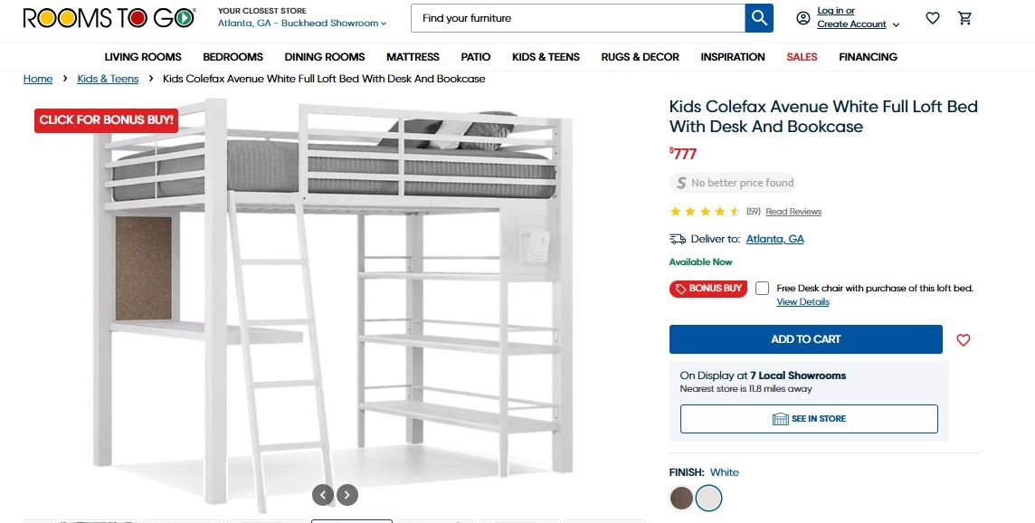 Kids Colefax White Full Loft Bed With Desk And Bookcase