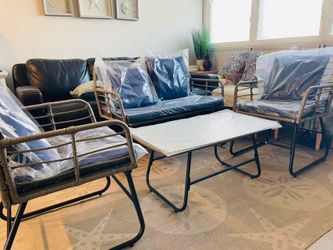 (Free Delivery) NEW in BOX Rattan Grey & Beige Set of Loveseat & Chairs & Table & Cushions & Pillows