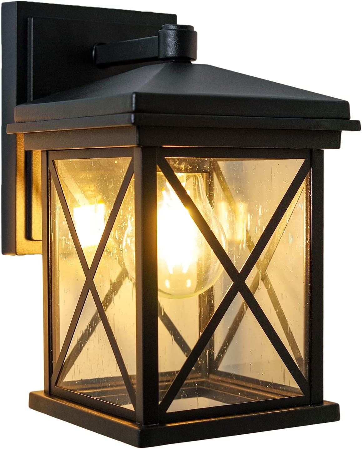 New 2 Pack Matte Black Outdoor Wall Light, Outside Waterproof Wall Mount Lighting Fixtures with Seeded Glass, Anti-Rust Lantern for Porch and Front,