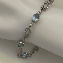 Sterling Silver 925 Blue Topaz Oval Tennis Chain Bracelet