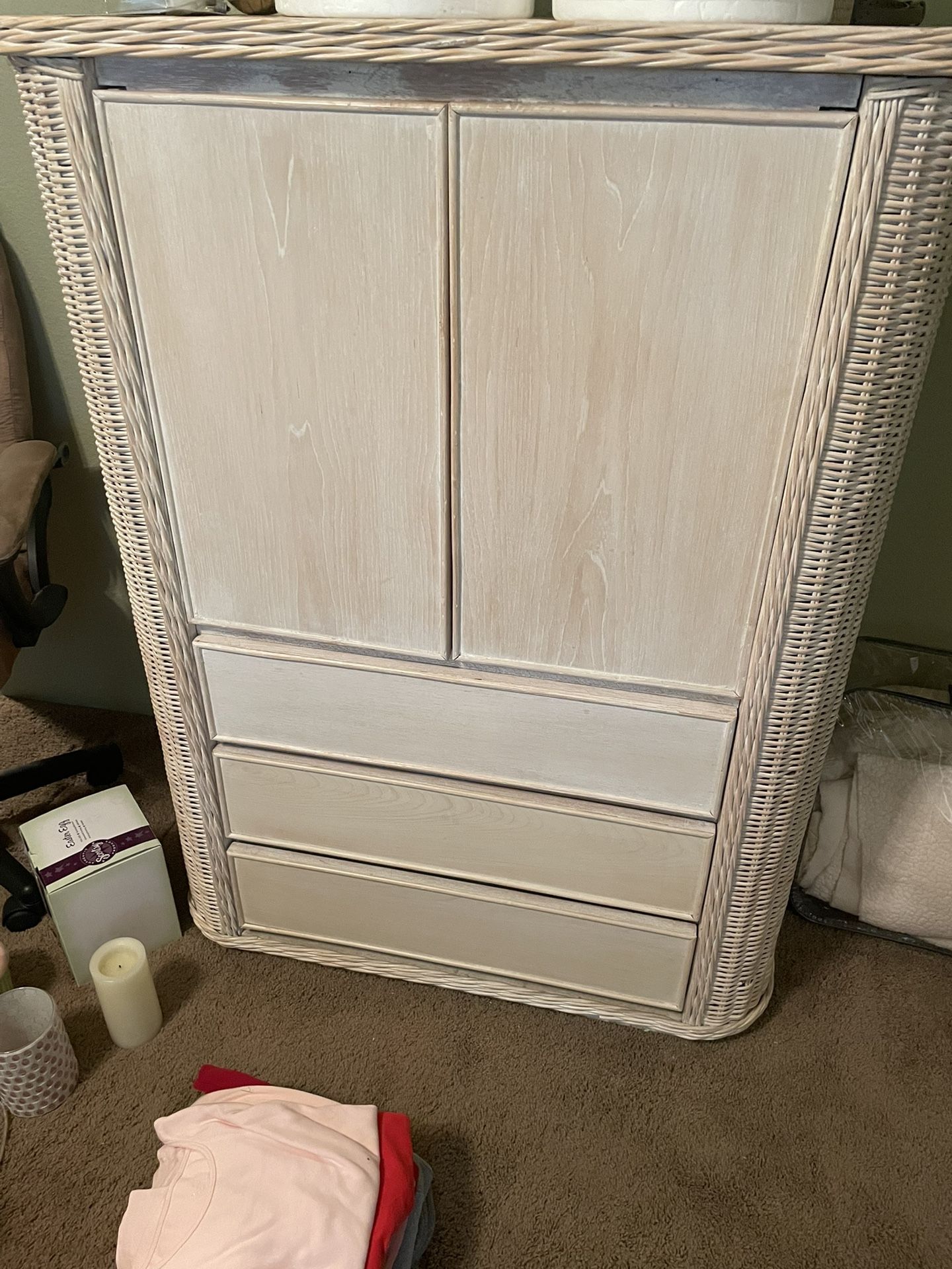 White Washed Wicker Armoire