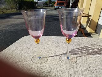 Two Pink and Gold Crystal Wine Goblets