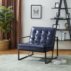 Navy Blue Mid-Century Modern Leatherette Button-tufted Accent Armchair with Black Metal