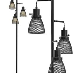 Industrial Dimmable Floor Lamp, Standing Lamp with Rotary Switch, Tree Floor Lamp with 3 Elegant Cage Heads, E26, Metal, Black Pole Light for Living R