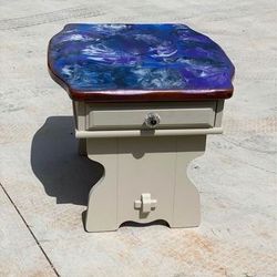 Small Lane white with multicolor epoxy top end side or accent table solid wood 21.5H x 24”L x 27”W