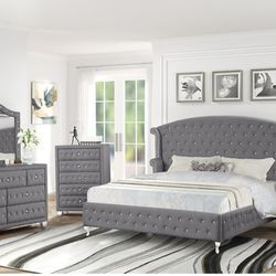 New King Size 4pc Grey Olivia Bedroom Set With Dresser Mirror Nightstand Bedframe Without Mattress Free Delivery 