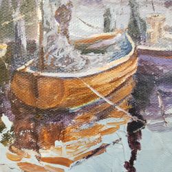 Oil Painting Seascape Harbor Boats Seagulls Port Seaport Scene By Michina.