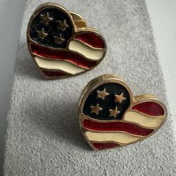 Vintage Avon Heart Shaped Gold Tone Enamel USA Flag Pierced Earrings and Pin