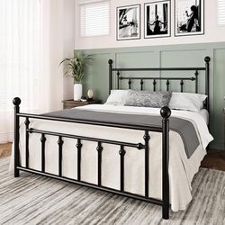 Queen Size Bed Frame Metal Platform with Victorian Vintage Headboard