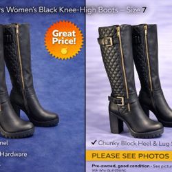 Dream Pairs Women's Size 7 Black Knee High Boots Quilted Buckle Block Heel