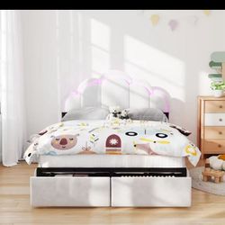New in box Full Upholstered LED Bed Frame with 2 Storage Drawers, Chic Double Wavy Headboard, Velvet Princess Platform Bed, Solid Wood Slats Support,N
