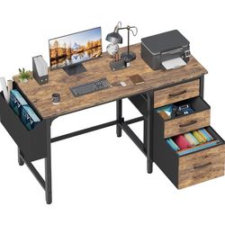 Computer Desk with Fabric File Drawers Cabinet, 47 Inch Reversible Home Office Desks with Filing Cabinet for Small Space