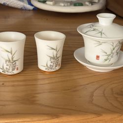 Jingdezhen Bamboo Motif Gaiwan And 2 Cups Tea Set