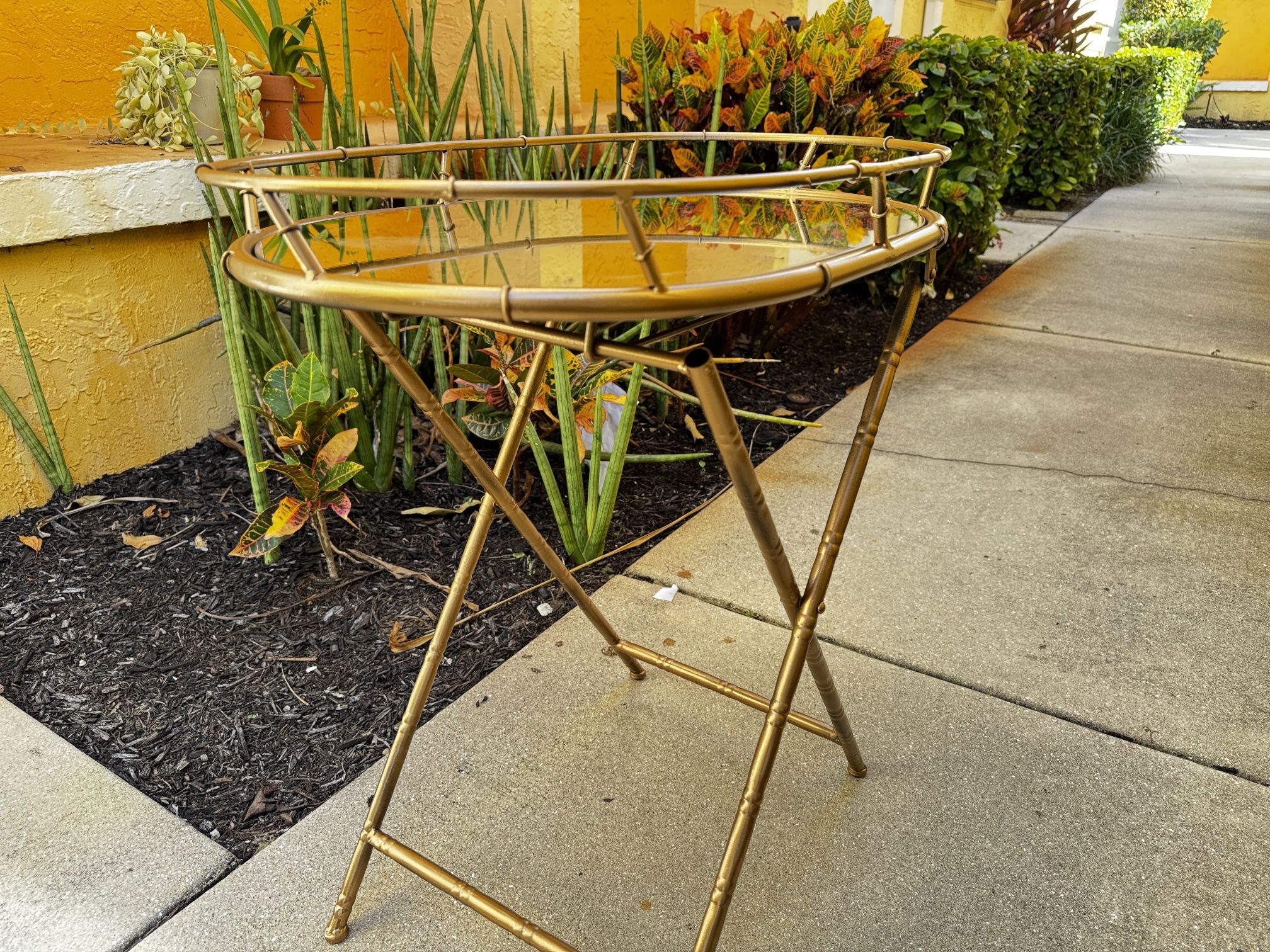 Golden Mirror Top Side End Tray Table That Folds Flat For Easy Storage