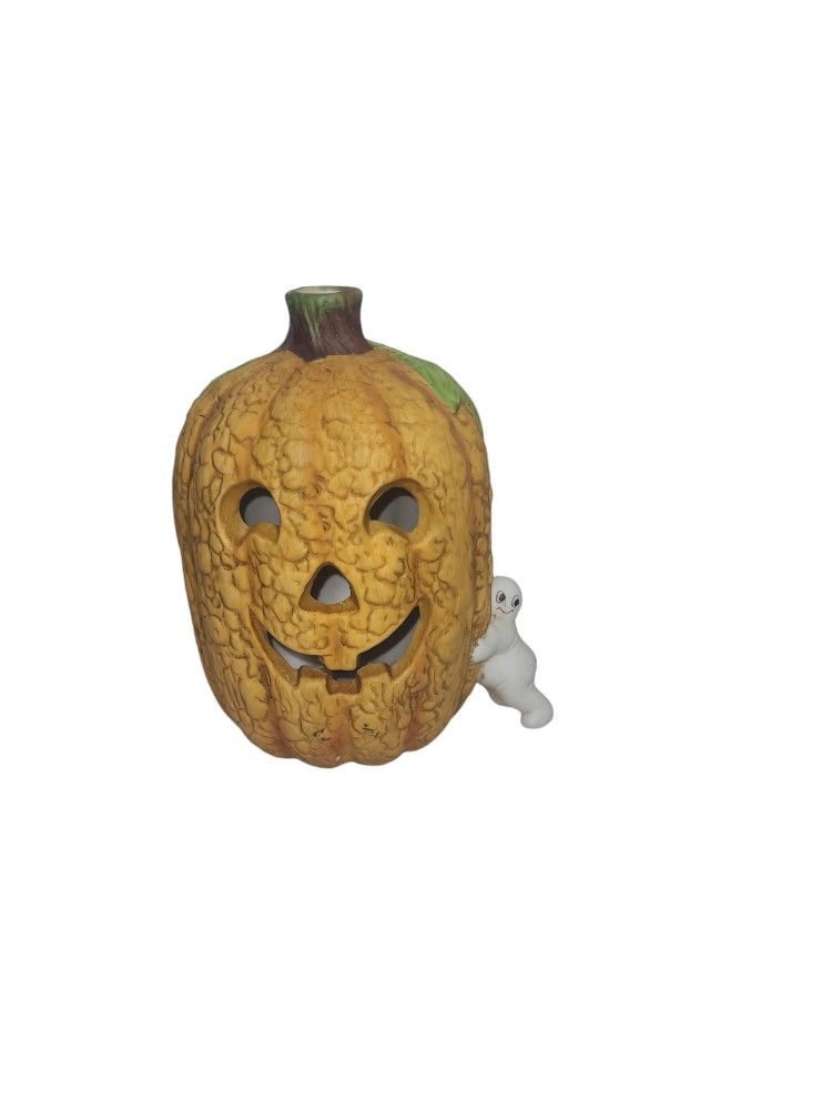 Vintage Ceramic Pumpkin Jack O Lantern Ghost Votive Candle Holder 7½" H Taiwan