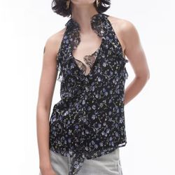 Topshop Blue Black Ruffle Halter Top Size 4 