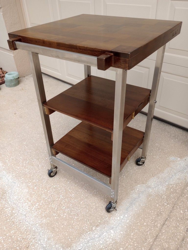 Oasis Island Used Wooden Rectangular Folding Kitchen Cart Walnut Wheeled