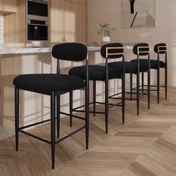 Modern Counter Height Bar Stools Set of 4, Black Upholstered Counter Stools with Gold Accent, Boucle Island Chairs for Kitchen, Dining Room and Bar