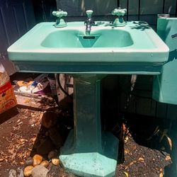 Green  1930s Pedestal Sink With Original Hardware Matching Toilet 