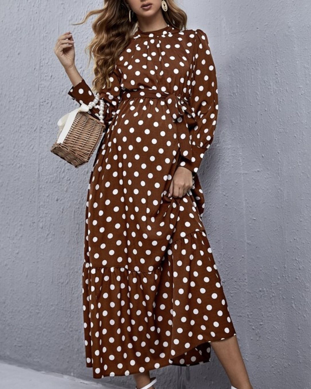 Brown and white polka dot maxi dress with tie waist and long sleeves