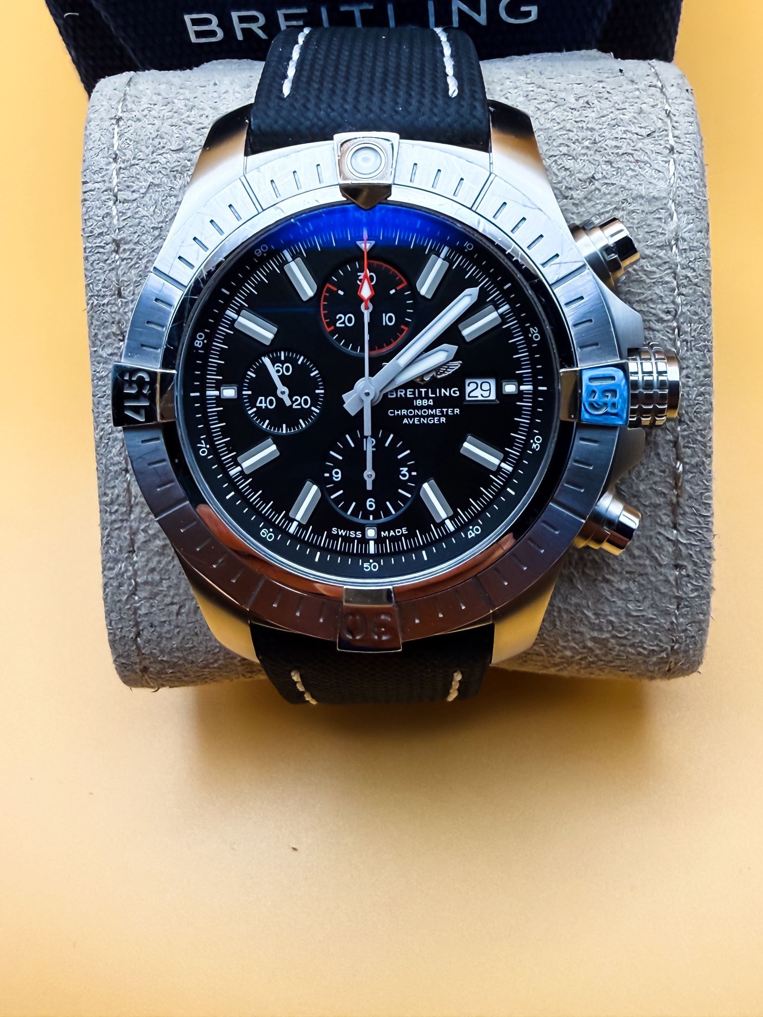 2023 Breitling Super Avenger Chronograph 48MM Black Dial Leather Strap A13375