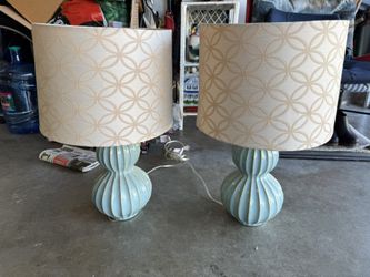 Please, DONOT ASK AVAILABLE IF YOU ARE SERIOUS BUYER! Look brand new, Blue ceramic base with patterned shades. Moving… need a new home. $25/ each. $45