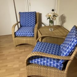 Three Piece Wicker Set In Excellent Condition 2 Armchairs. & Table