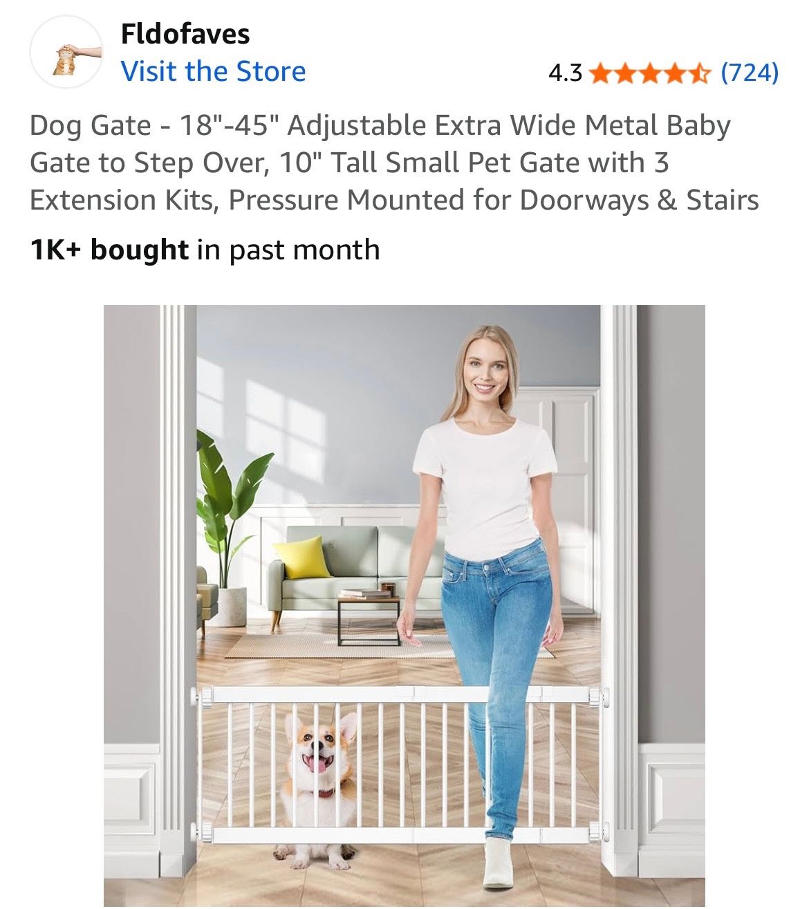 Fidofavs Small Pet Gate 10" Tall , 18"-45" W, Step Over Adjust. White Metal, Pressure Mount New