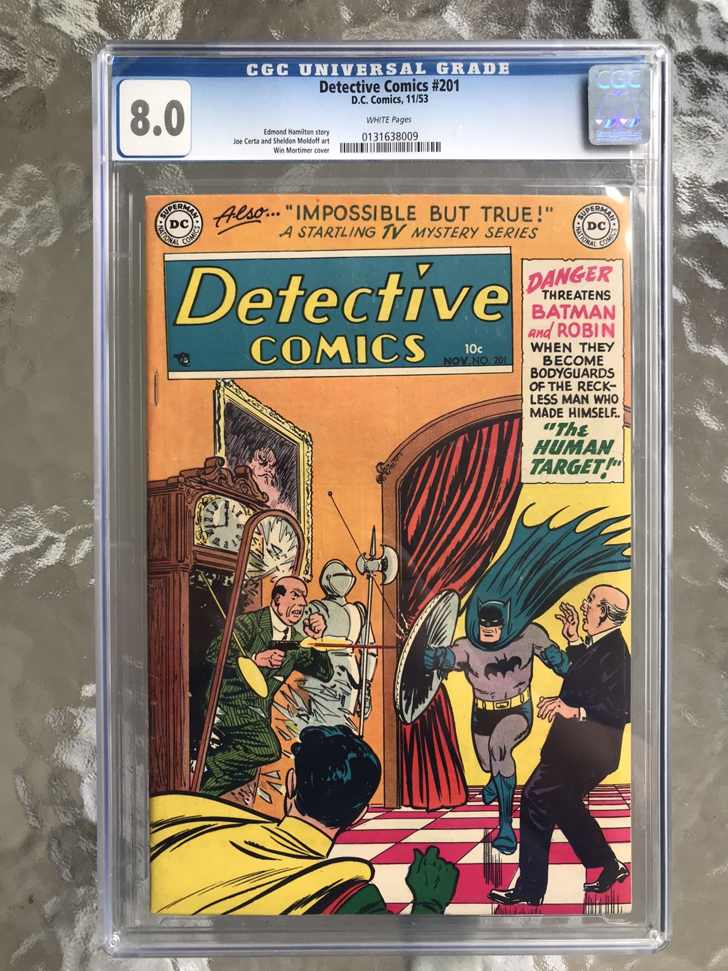 Detective Comics #201 (1953) CGC 8.0 — White Pages; Mortimer “Human Target” Cover