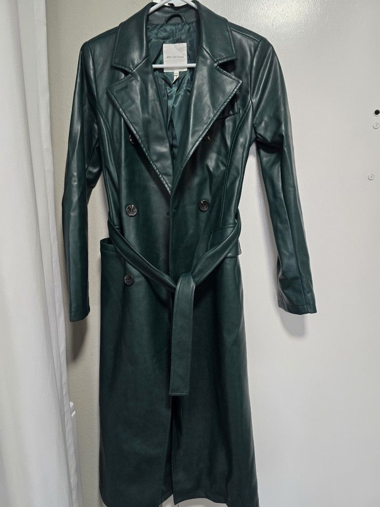 Dark Green Faux Leather Trench Coat
